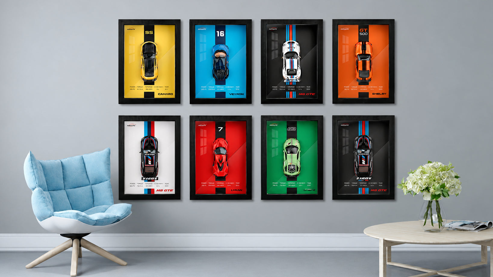 Apex Frames hero banner — 8 car frames on wall